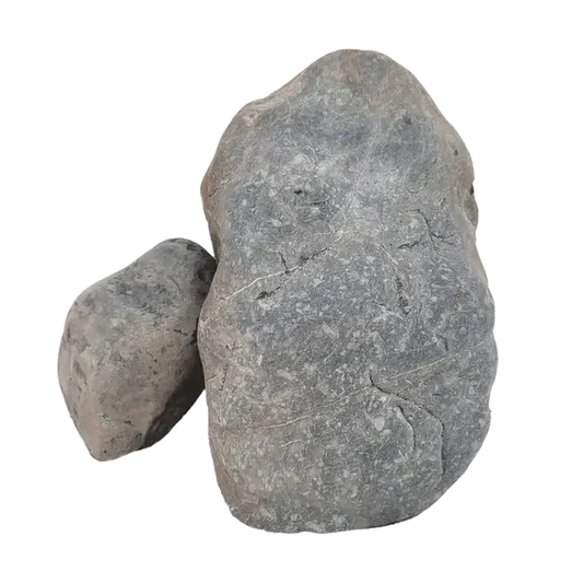 Two smooth gray Black Venom Boulder river stones with natural textures
