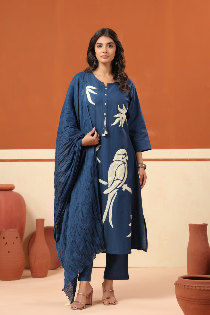 Blue Bird Nature-Inspired Cotton Straight Kurta Set with Crushed Dupatta