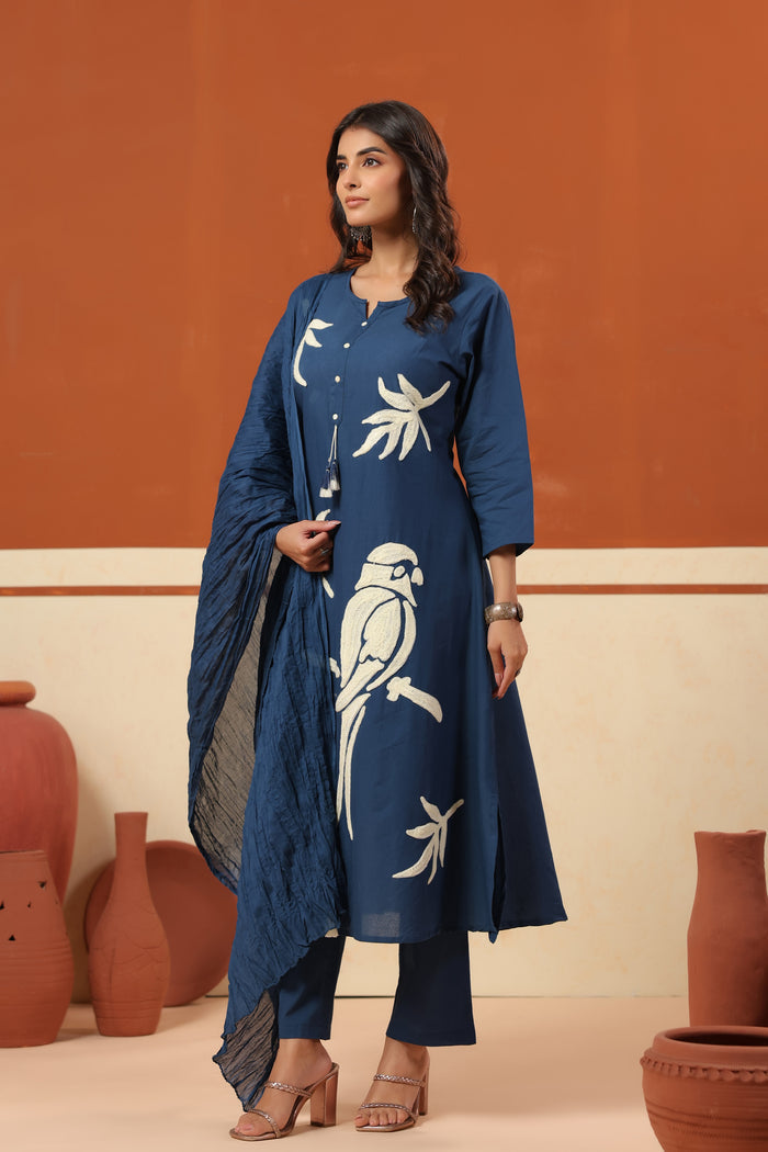 Blue Bird Nature-Inspired Cotton Straight Kurta Set with Crushed Dupatta