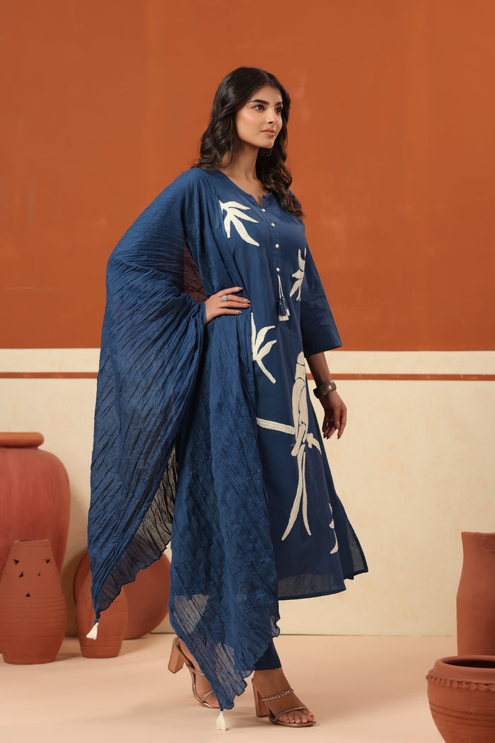 Blue Bird Nature-Inspired Cotton Straight Kurta Set with Crushed Dupatta