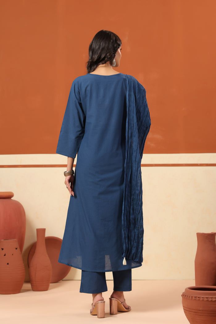 Blue Bird Nature-Inspired Cotton Straight Kurta Set with Crushed Dupatta