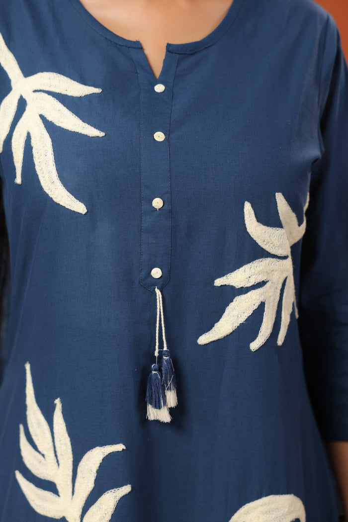 Blue Bird Nature-Inspired Cotton Straight Kurta Set with Crushed Dupatta