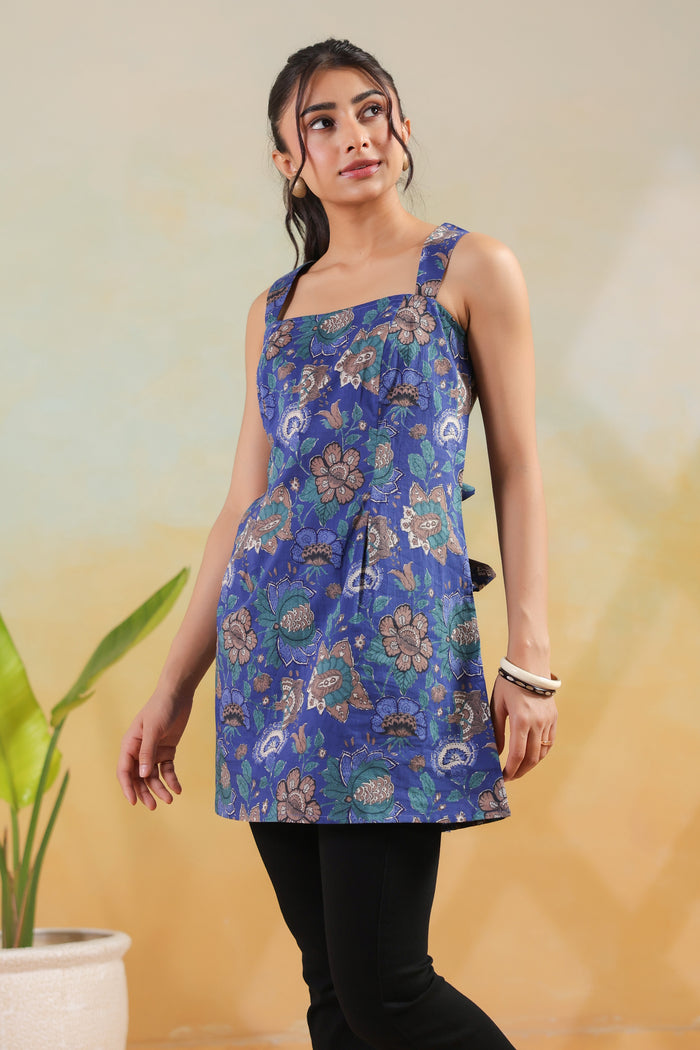 Blue Floral Printed Cotton A-Line Summer Sleeveless Short Kurti