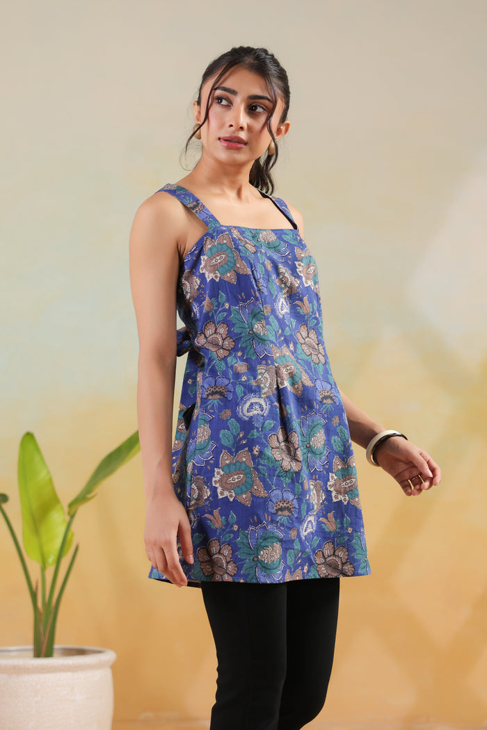 Blue Floral Printed Cotton A-Line Summer Sleeveless Short Kurti
