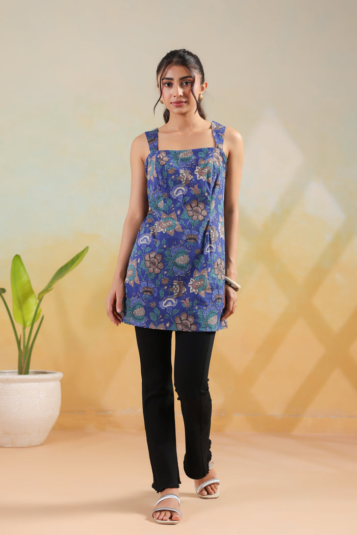 Blue Floral Printed Cotton A-Line Summer Sleeveless Short Kurti