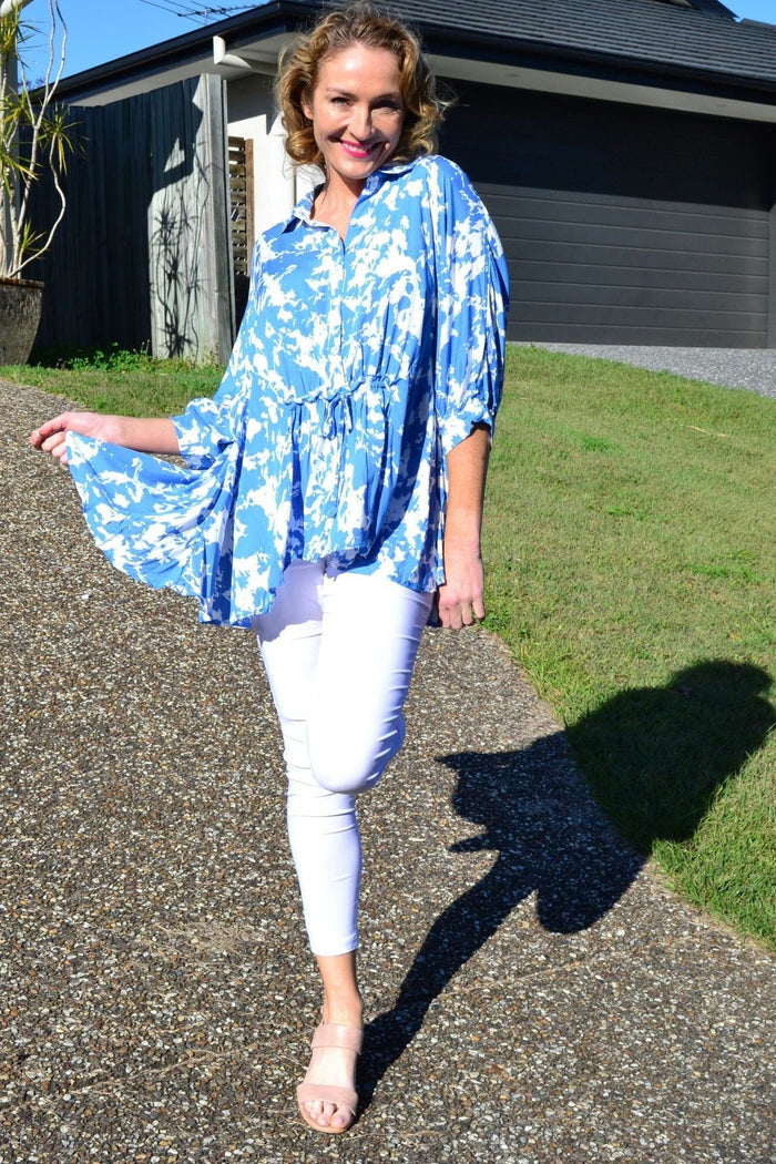 Blue Hourglass Follow Me relaxed fit tunic blouse, lightweight summer top with a casual, comfortable fit and soft fabric.