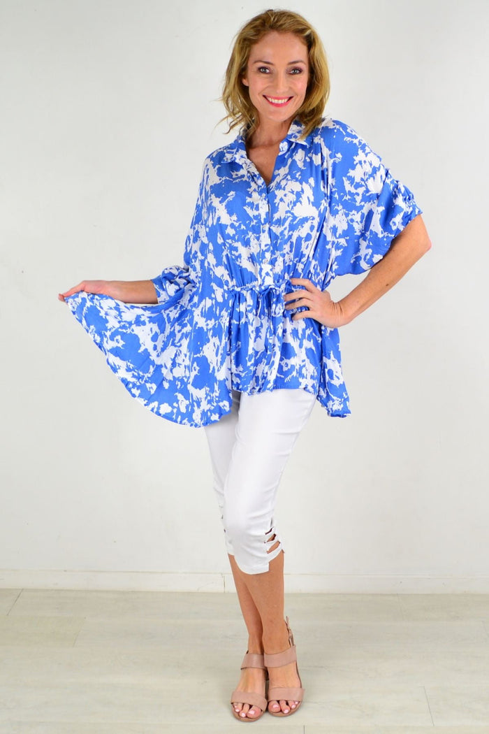 Blue Hourglass Follow Me relaxed fit tunic blouse with long sleeves and a casual, comfortable style.