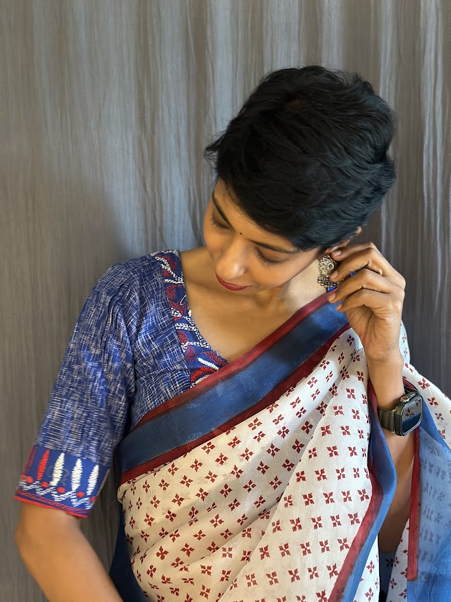 Blue kantha embroidered blouse