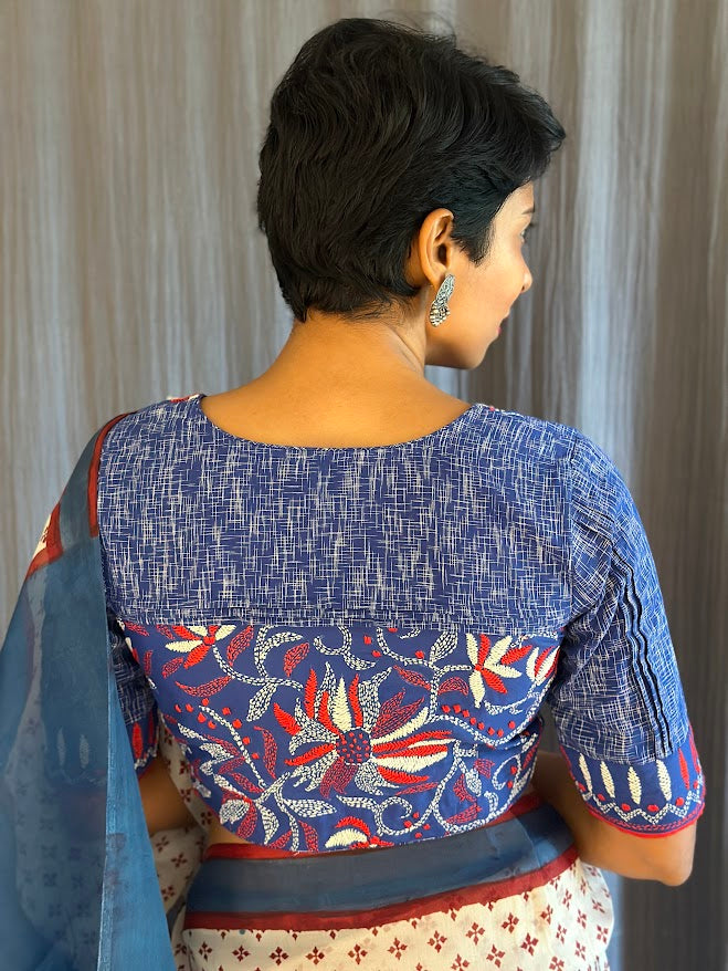 Blue kantha embroidered blouse