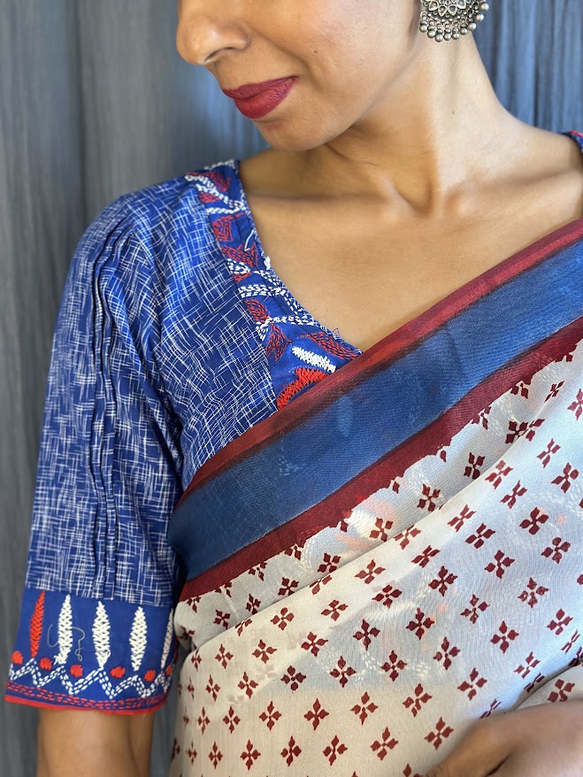 Blue kantha embroidered blouse