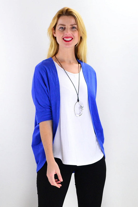 Blue mini shrug cardigan by Freez, lightweight tunic with long sleeves and open front, casual stylish layering piece.