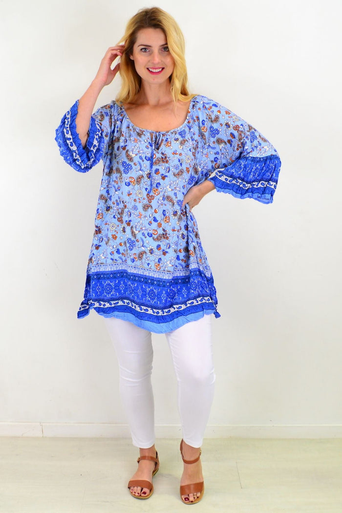 Blue paisley swing crinkle tunic top by Hourglass featuring a relaxed fit and stylish design, perfect for summer wear.