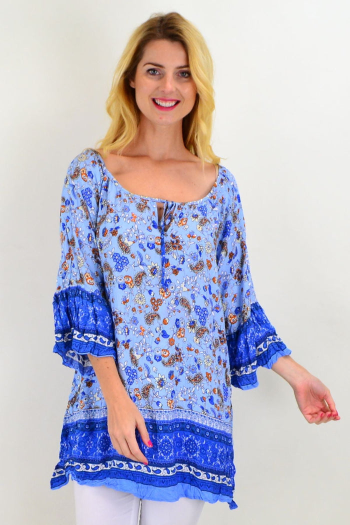 Blue paisley swing crinkle tunic top by Hourglass, featuring a relaxed fit and lightweight fabric, perfect for summer wear.