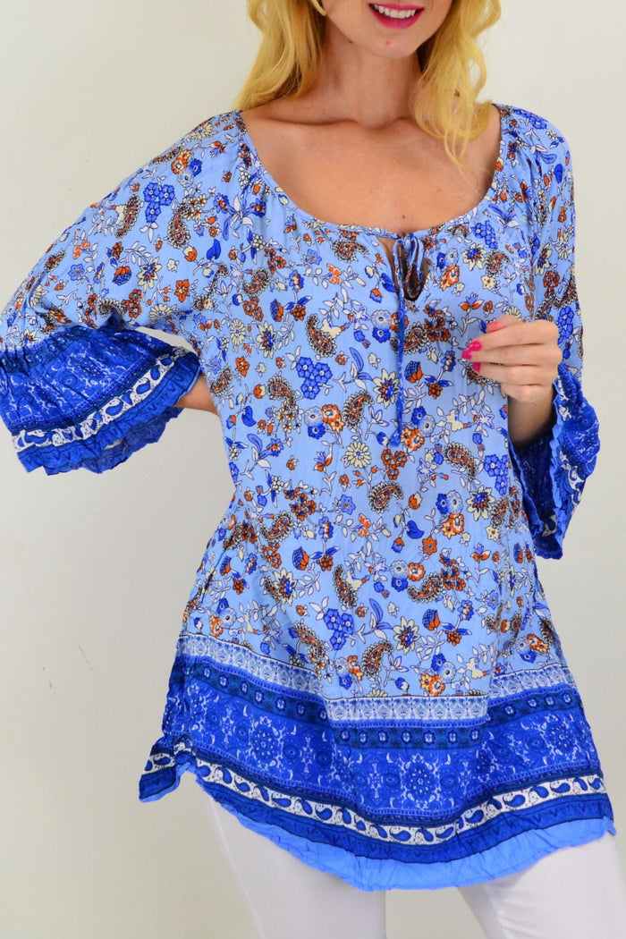 Blue paisley swing crinkle tunic top by Hourglass, featuring flowing fabric and boho-inspired design with a relaxed fit.