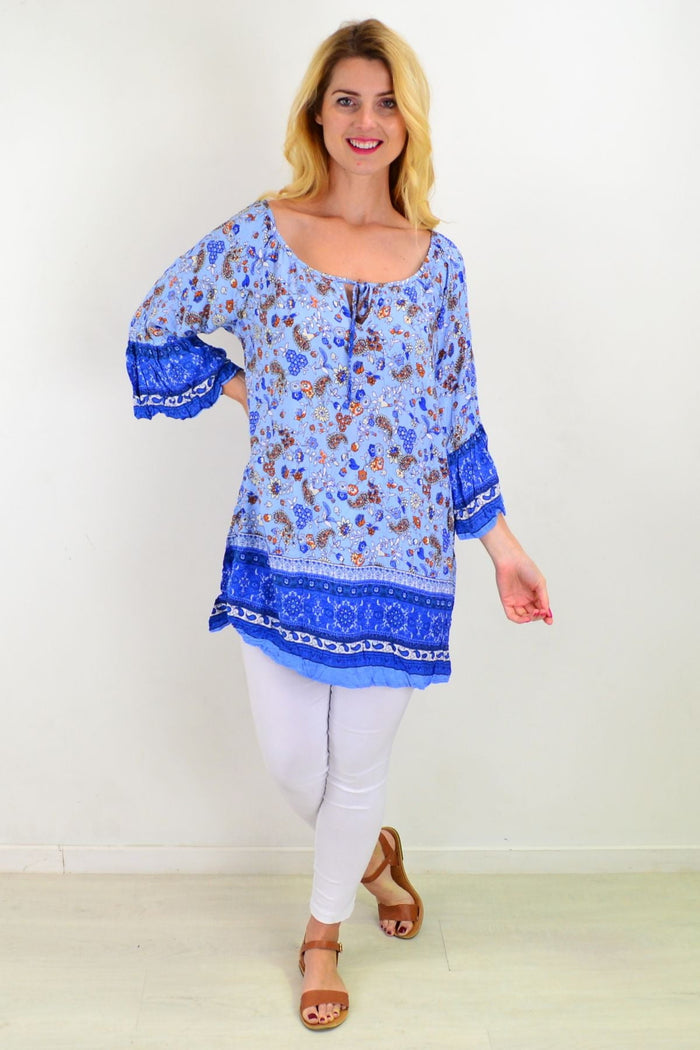 Blue paisley swing crinkle tunic top by Hourglass featuring relaxed fit and lightweight fabric, perfect for casual summer wear.