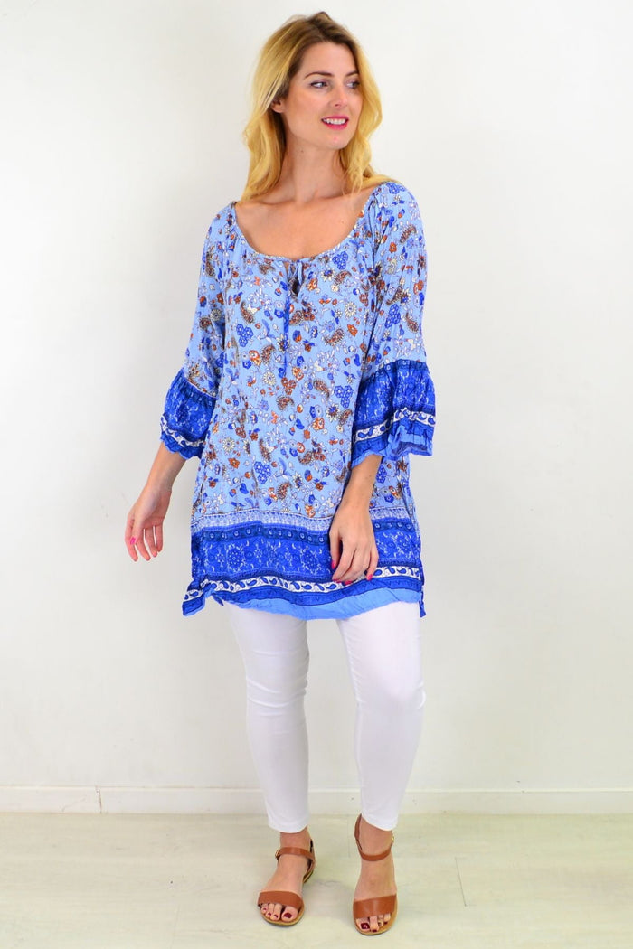 Blue paisley swing crinkle tunic top by Hourglass featuring flowing fabric and relaxed fit, perfect for casual summer wear.