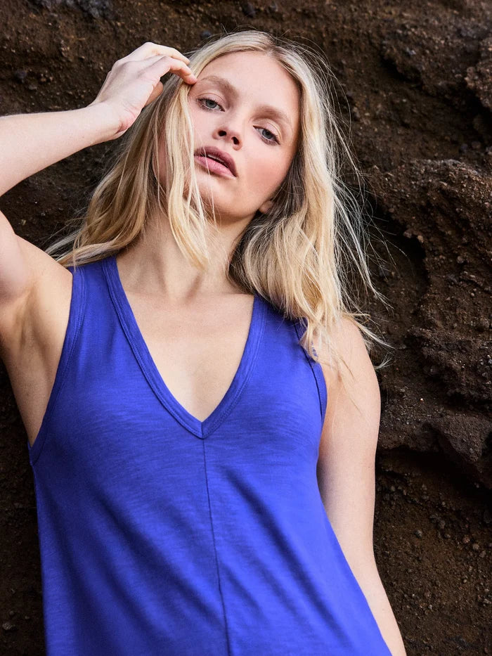 Blue Slub Jersey V-Neck Midi Dress