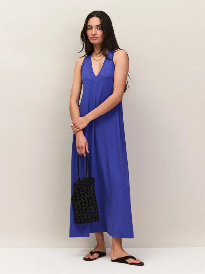 Blue Slub Jersey V-Neck Midi Dress