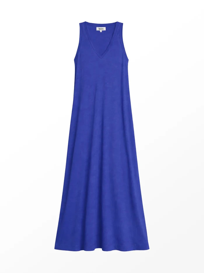 Blue Slub Jersey V-Neck Midi Dress