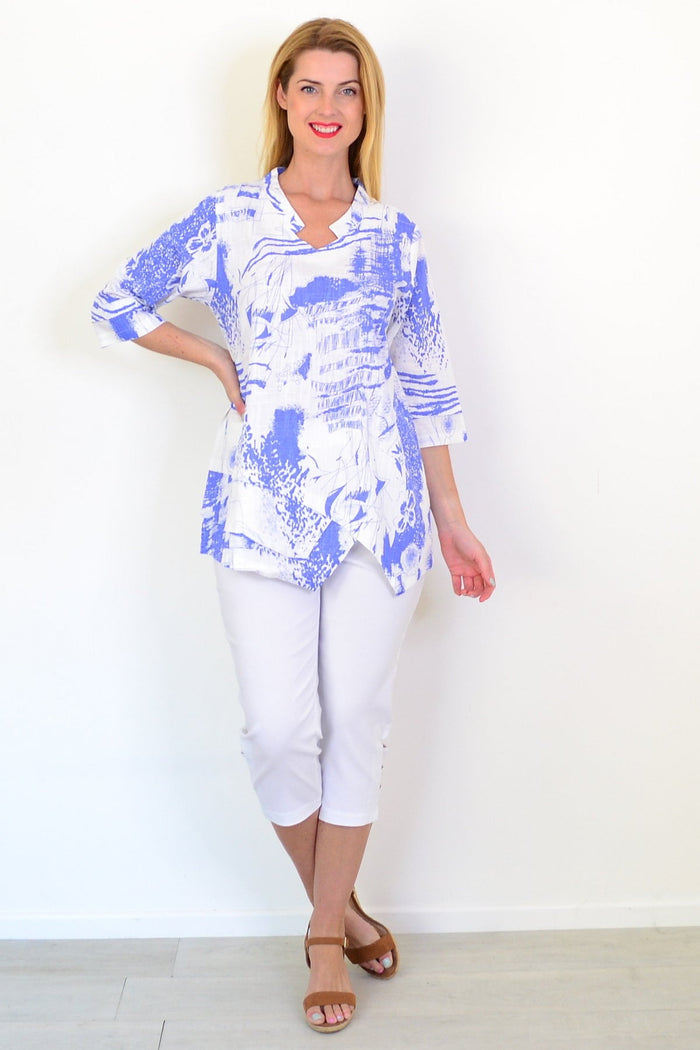 Blue Splash Linen Blend Tunic Top by Hourglass, featuring a relaxed fit and vibrant print, displayed on a neutral background.