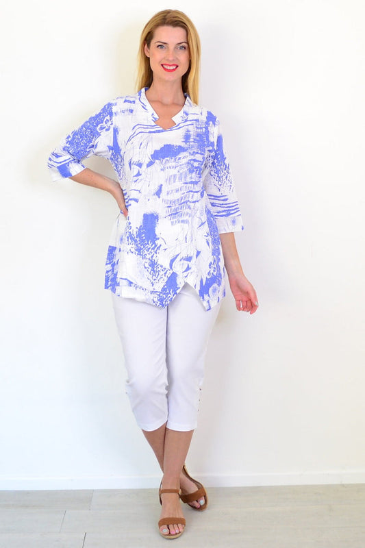 Blue Splash Linen Blend Tunic Top by Hourglass, featuring a relaxed fit and vibrant print, displayed on a neutral background.