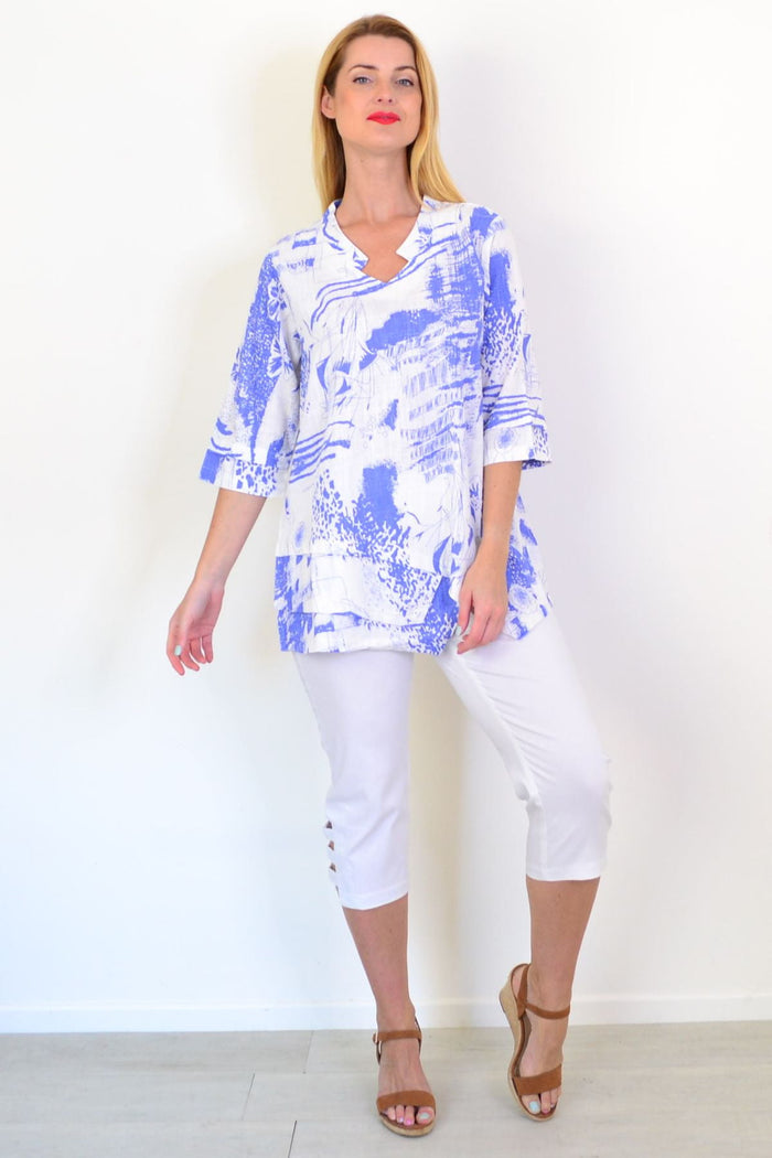 Blue Splash Linen Blend Tunic Top by Hourglass, showing a lightweight, casual tunic with a vibrant blue splash pattern and relaxed fit.
