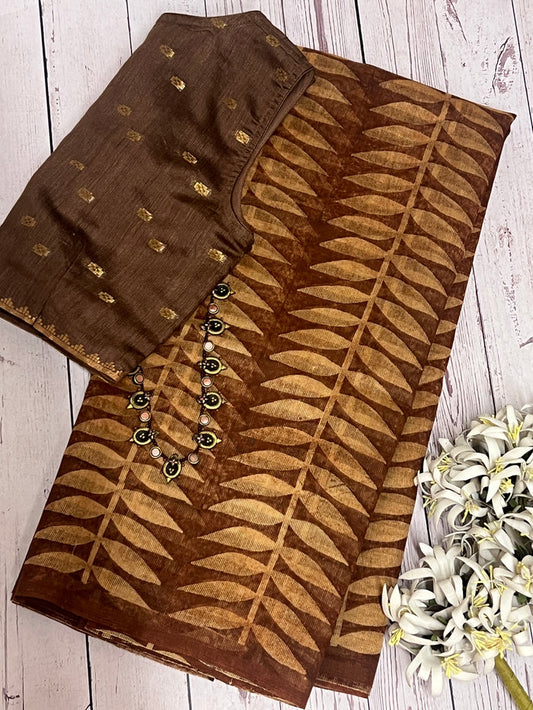 Brown block printed supernet saree