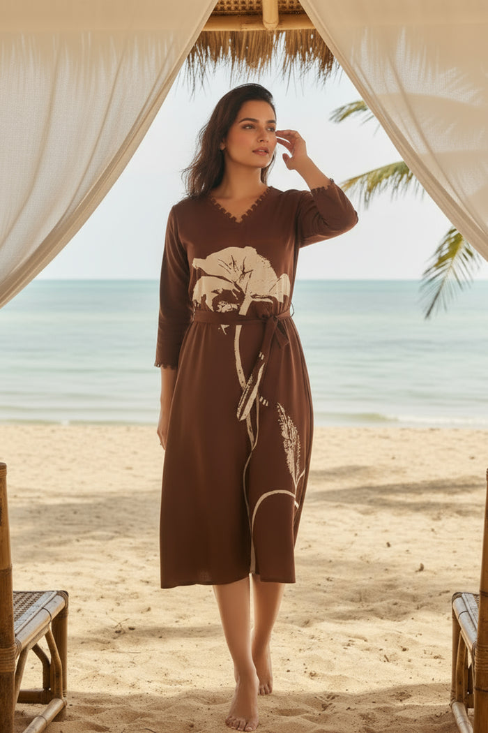 Brown Floral Russian Silk Midi Dress