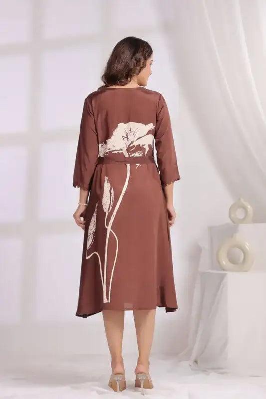 Brown Floral Russian Silk Midi Dress