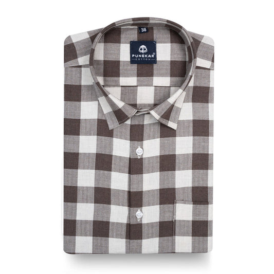 Brown Heritage Herringbone Checks Cotton Shirt for Men - Punekar Cotton