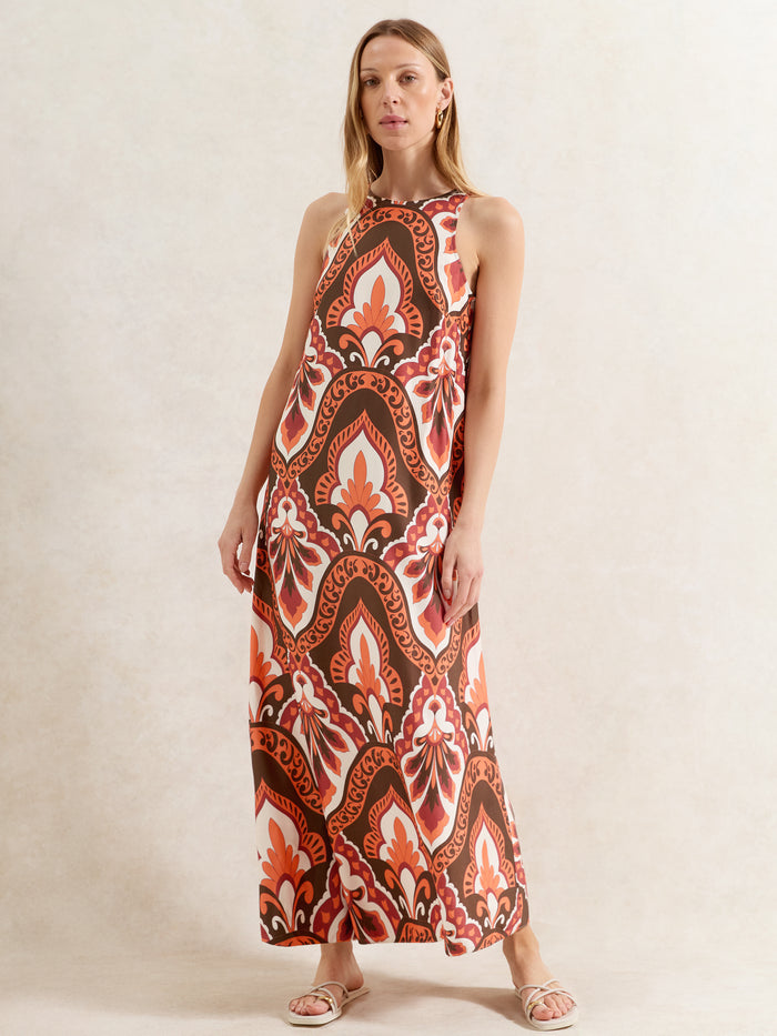 Brown Tile-Print Maxi Dress