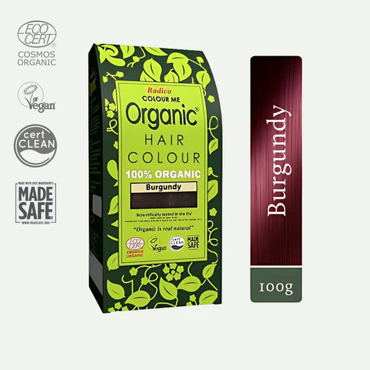 Box of Radico Colour Me Organic Hair Colour with green and black design with certification logos - 100g