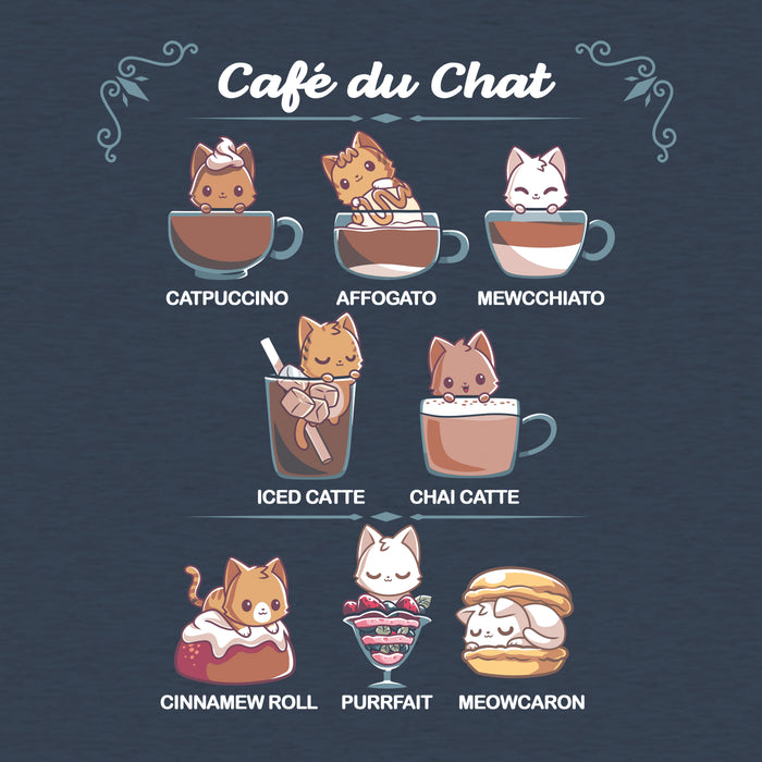Classic Cotton T-shirt_TeeTurtle Cafè Du Chat heather navy t-shirt featuring a menu titled "Café du Chat" featuring cats in different beverages and desserts: Catpuccino, Affogato, Mewcchiato, Iced Catte, Chai Catte, Cinnamew Roll, Purrfait, and Meowcaron.