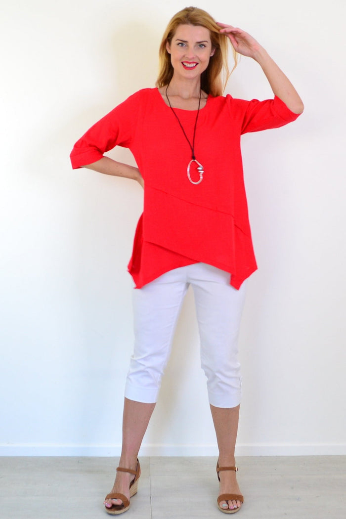 Candy apple-colored layered linen blend tunic top by Ruby Rain featuring a relaxed fit and casual style for everyday wear.