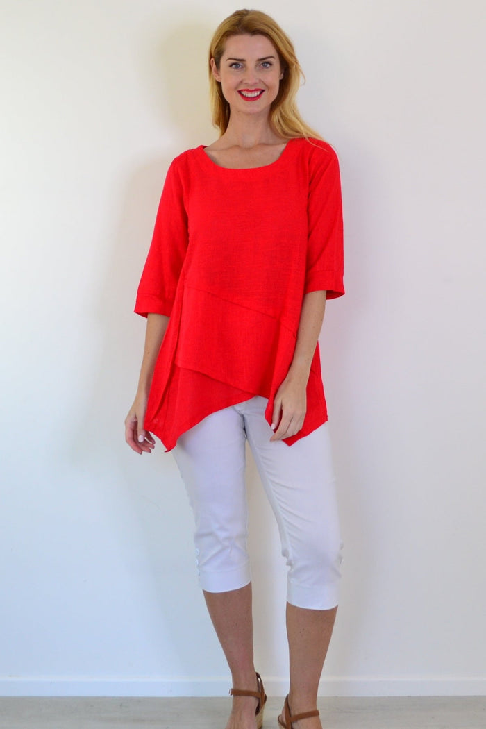 Ruby Rain Candy Apple layered linen blend tunic top with relaxed fit and casual style, shown on a model.