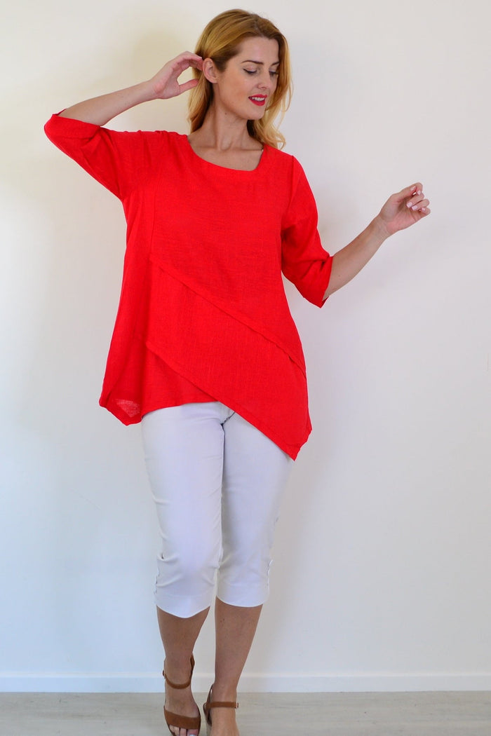 Candy Apple layered linen blend tunic top by Ruby Rain, shown in a relaxed fit with long sleeves and a rounded neckline.