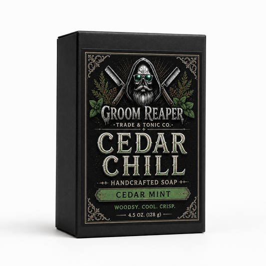 "Groom Reaper Trade & Tonic Co. Cedar Chill Handcrafted Soap – Cedar Mint scent – woodsy, cool, crisp – 4.5 oz small-batch bar soap for men"