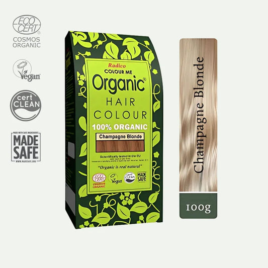 Box of Radico Colour Me Organic Hair Colour with green and black design with certification logos - 100g