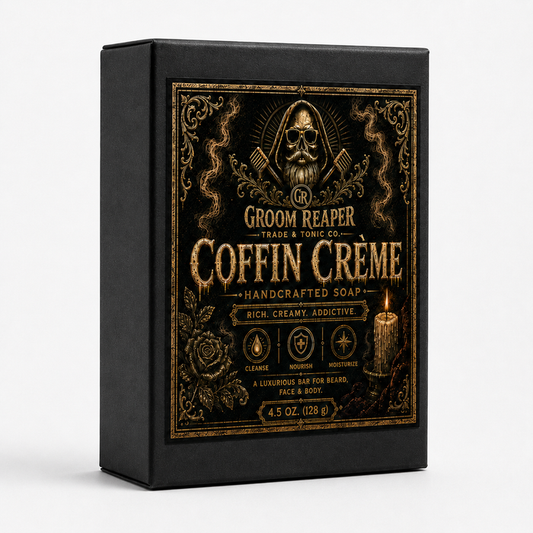 Groom Reaper Coffin Crème Handcrafted Soap – Sandalwood Vanilla scent – rich, creamy, addictive – 4.5 oz small-batch bar soap for beard, face and body