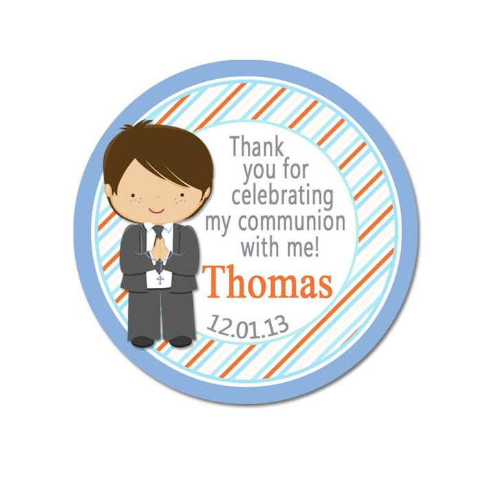 Communion Boy Orange And Blue Diagonal Stripe Wide Border Personalized Sticker Birthday Stickers - INKtropolis