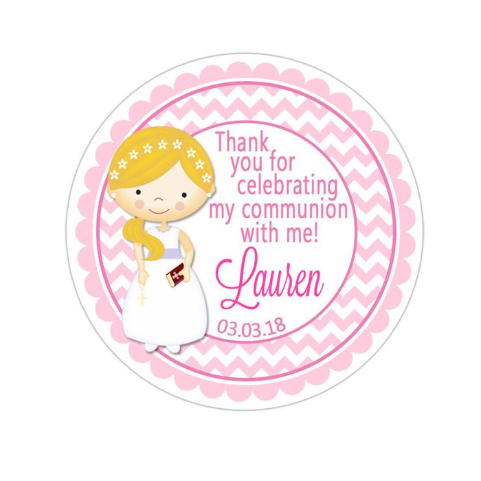Communion Girl Pink Chevron Pattern Wide Border Personalized Sticker Birthday Stickers - INKtropolis