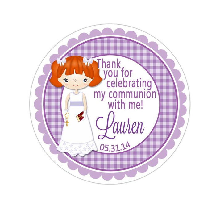 Communion Girl Purple Gingham Pattern Wide Border Personalized Sticker Birthday Stickers - INKtropolis