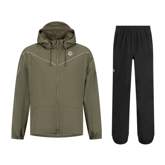 Rogelli Essential Commuter regenpak unisex legergroen regenjas en zwarte broek voorkant.