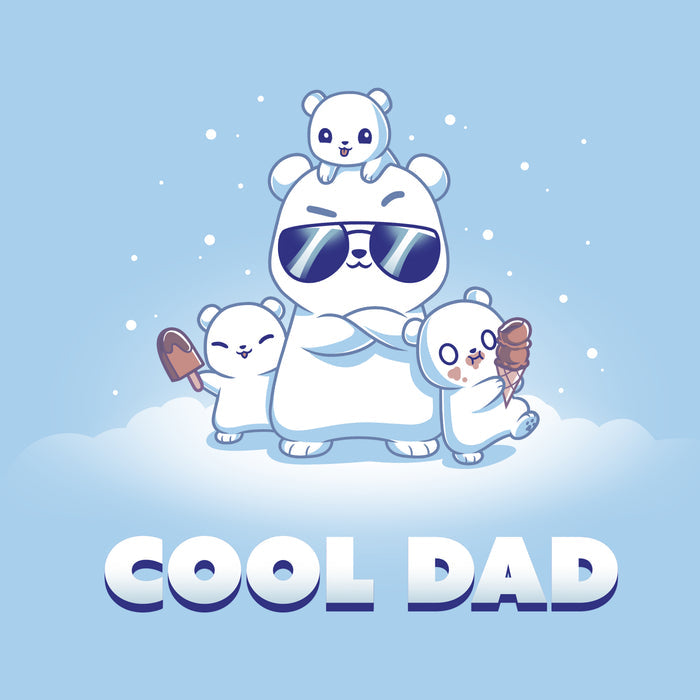 Premium Cotton T-shirt_TeeTurtle light blue Cool Dad (Polar Bear) apparel featuring a dad polar bear with sunglasses and his arms crossed, two of his cubs holding frozen desserts, one cub perched on top of his head with snow falling around them, and the caption, "Cool Dad".