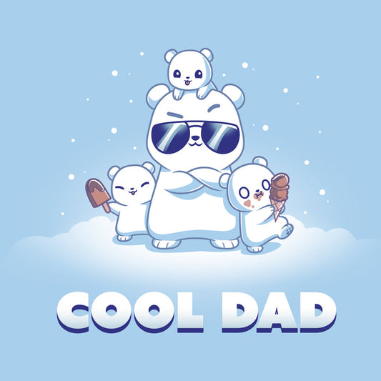Premium Cotton T-shirt_TeeTurtle light blue Cool Dad (Polar Bear) apparel featuring a dad polar bear with sunglasses and his arms crossed, two of his cubs holding frozen desserts, one cub perched on top of his head with snow falling around them, and the caption, "Cool Dad".