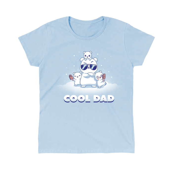 Classic Cotton T-shirt_TeeTurtle light blue Cool Dad (Polar Bear) apparel featuring a dad polar bear with sunglasses and his arms crossed, two of his cubs holding frozen desserts, one cub perched on top of his head with snow falling around them, and the caption, "Cool Dad".