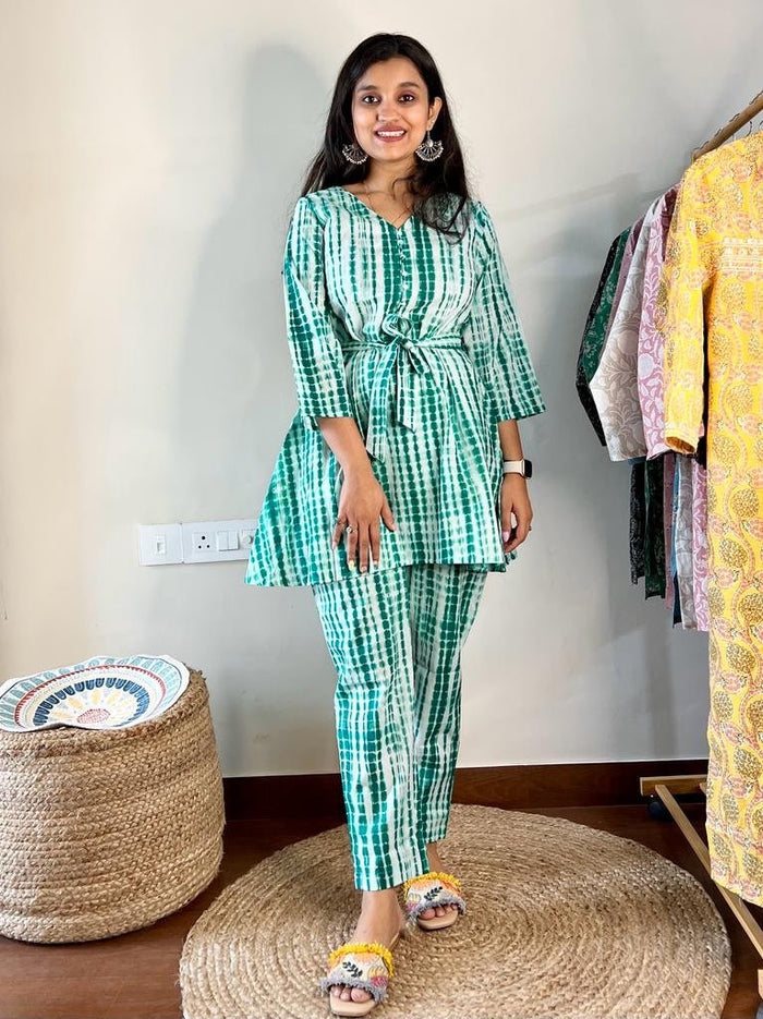 Cotton Lounge Set- Belted Green Shibori