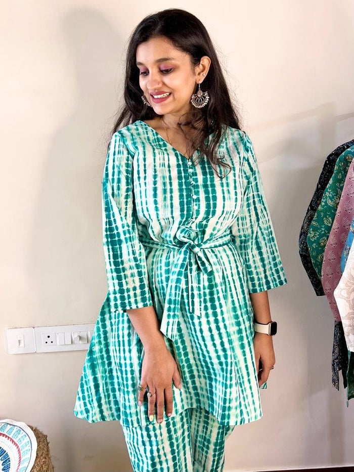 Cotton Lounge Set- Belted Green Shibori