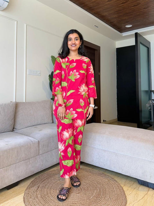 Cotton Lounge Set- Bright Pink Florals
