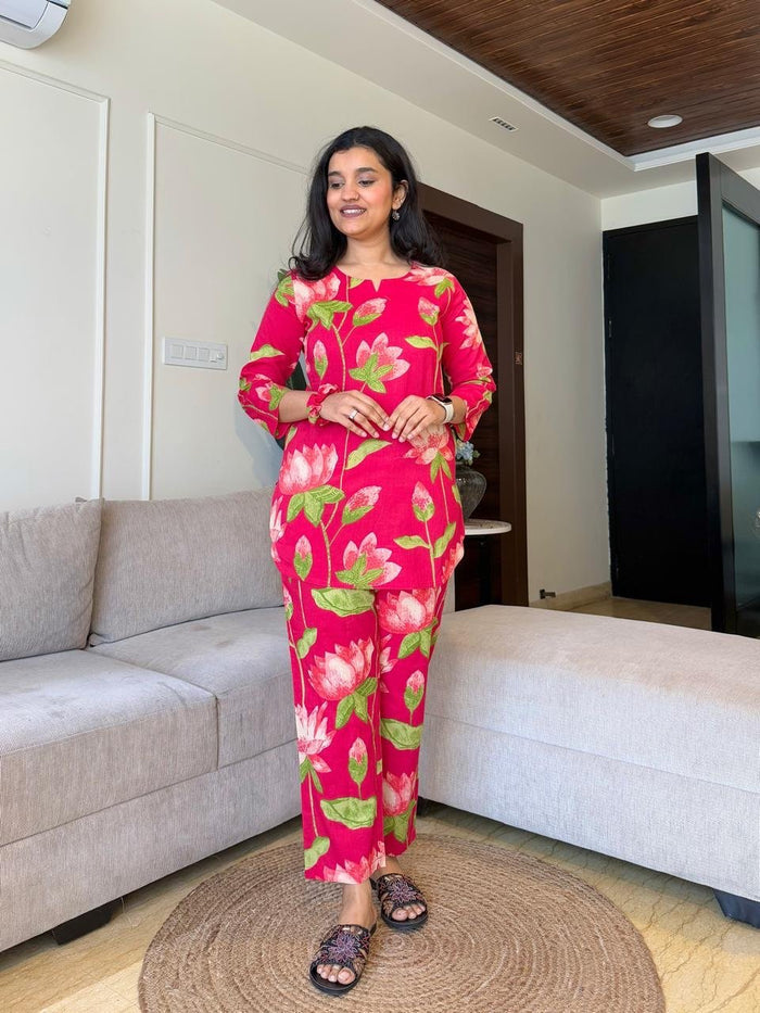 Cotton Lounge Set- Bright Pink Florals